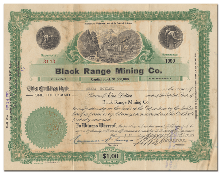 Black Range Mining Co. Stock Certificate