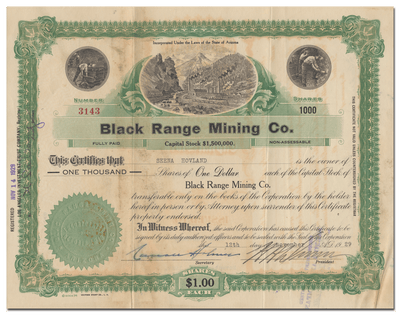 Black Range Mining Co. Stock Certificate