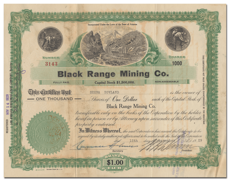 Black Range Mining Co. Stock Certificate
