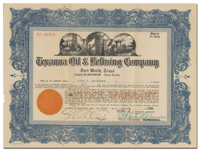 Texanna Oil & Refining Company Stock Certifiacte