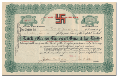 Lucky Cross Mines of Swastika, Limited Stock Certificate