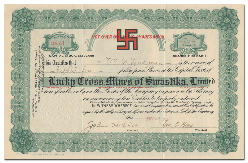 Lucky Cross Mines of Swastika, Limited Stock Certificate