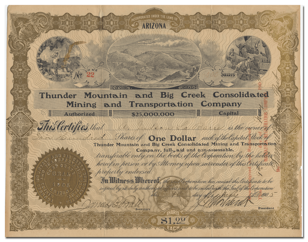 Thunder Mountain and Big Creek Consolidated Mining and Transportation Company Stock Certificate