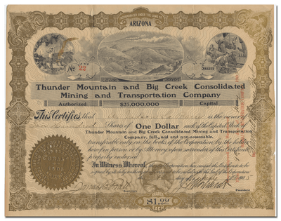 Thunder Mountain and Big Creek Consolidated Mining and Transportation Company Stock Certificate