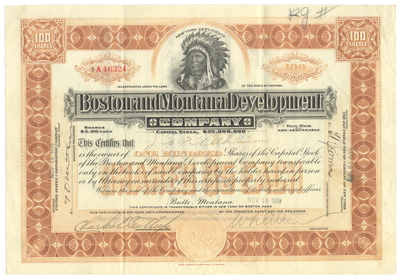 Boston and Montana Development Company Stock Certificate Signed by William R. Allen