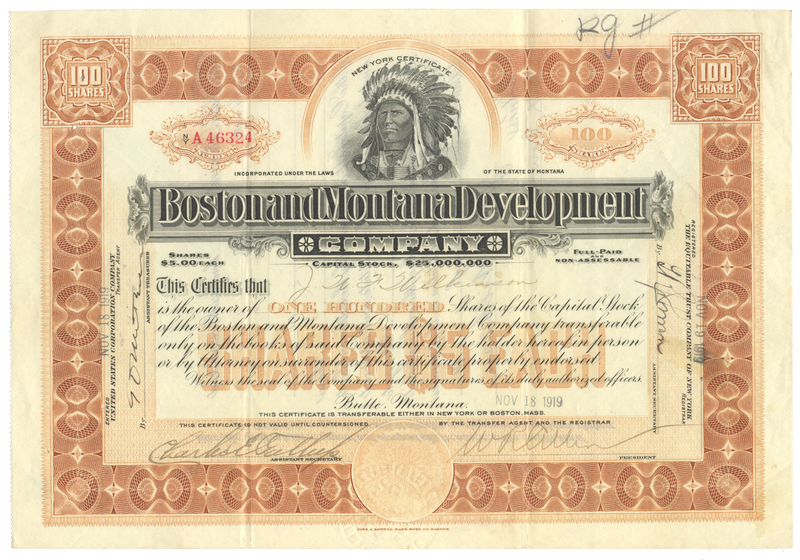 Boston and Montana Development Company Stock Certificate Signed by William R. Allen