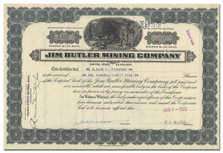 Jim Butler Mining Company Stock Certificate