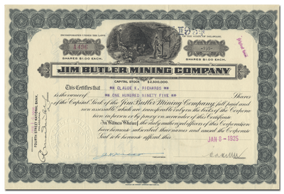 Jim Butler Mining Company Stock Certificate