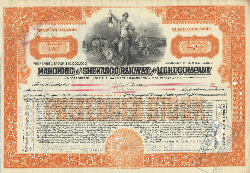 Mahoning and Shenango Railway and Light Company Stock Certificate
