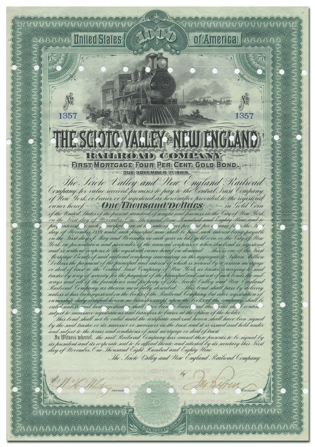 Scioto Valley and New England Railroad Company Bond Certificate