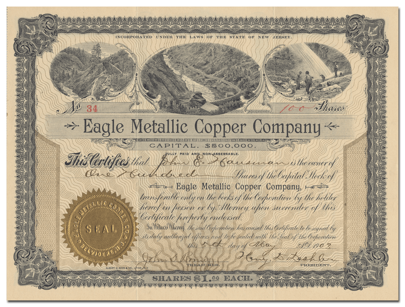 Eagle Metallic Copper Company Stock Certificate
