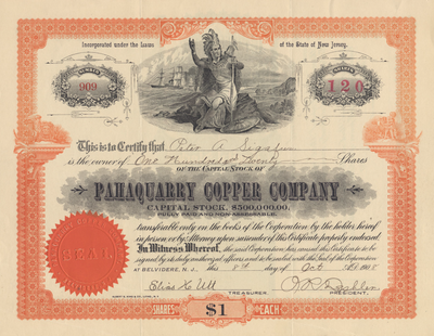 Pahaquarry Copper Company Stock Certificate