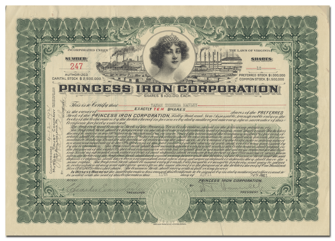 Princess Iron Corporation Stock Certificate