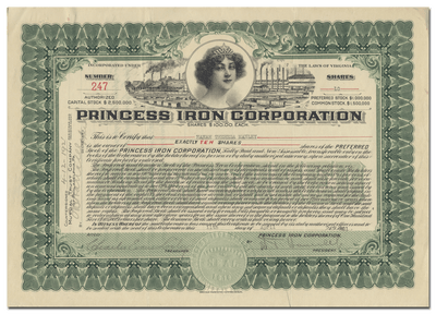 Princess Iron Corporation Stock Certificate