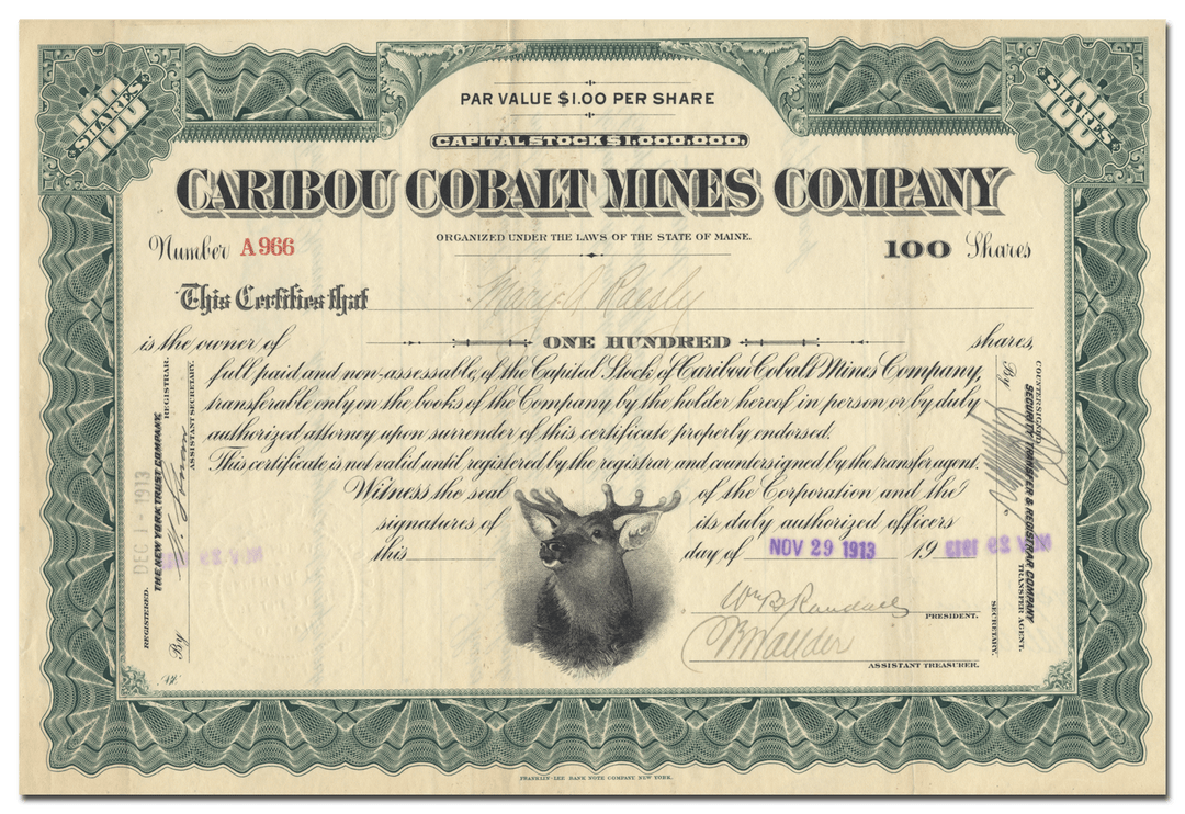 Caribou Cobalt Mines Company Stock Certificate