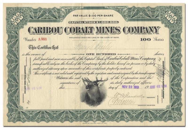 Caribou Cobalt Mines Company Stock Certificate