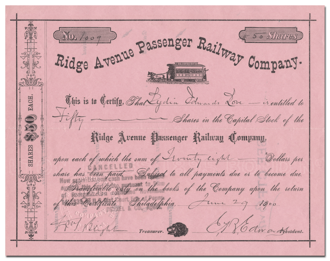 Ridge Avenue Passenger Railway Company Stock Certificate