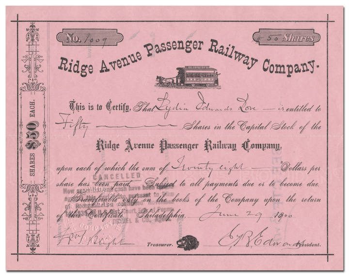 Ridge Avenue Passenger Railway Company Stock Certificate