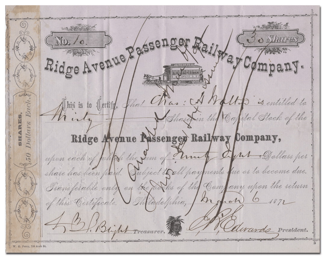 Ridge Avenue Passenger Railway Company Stock Certificate