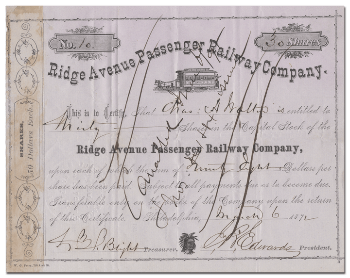 Ridge Avenue Passenger Railway Company Stock Certificate