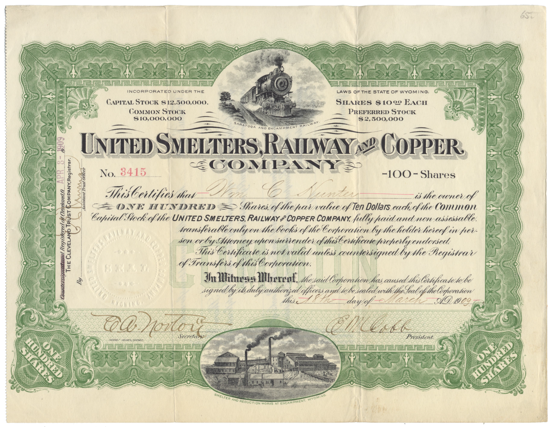 United Smelters Railway and Copper Company Stock Certificate