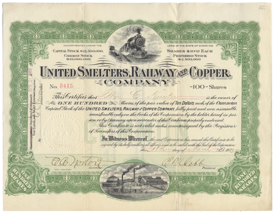 United Smelters Railway and Copper Company Stock Certificate