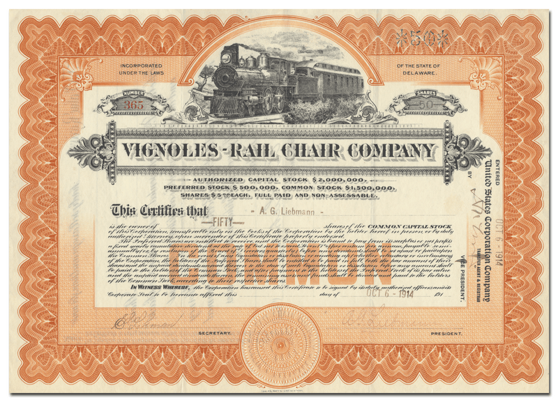 Vignoles-Rail Chair Company Stock Certificate