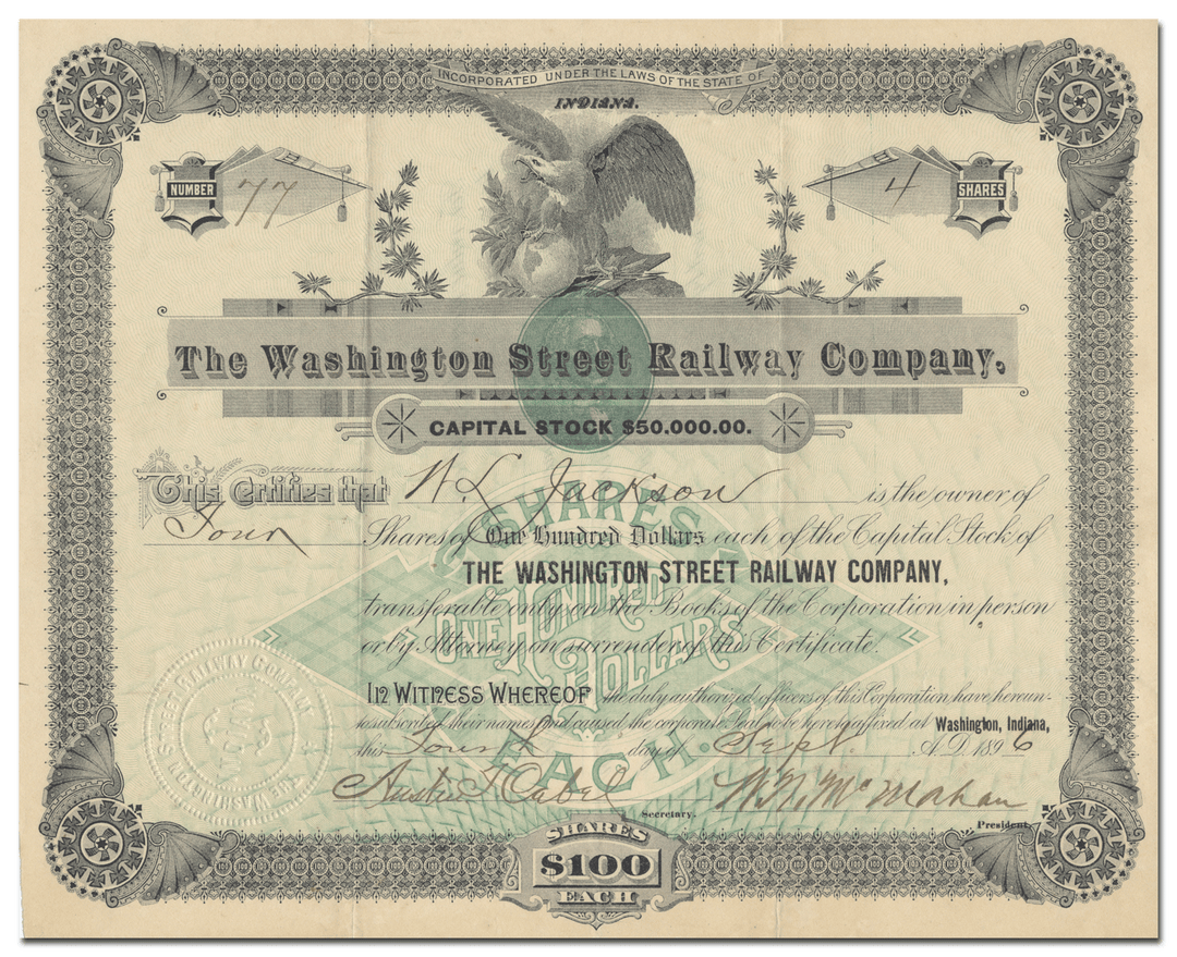 Washington Street Railway Company Stock Certificate