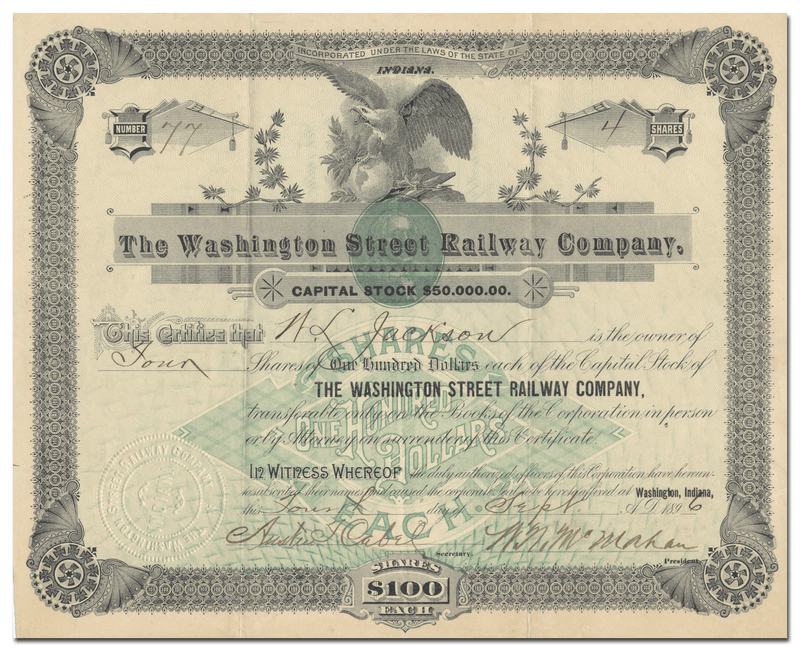 Washington Street Railway Company Stock Certificate