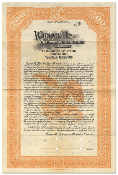 Watsonville Railway and Navigation Company Bond Certificate