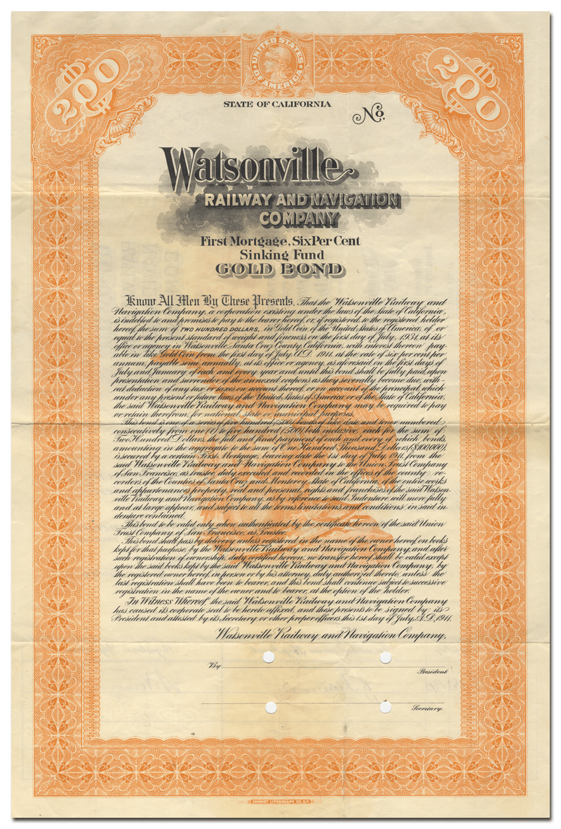 Watsonville Railway and Navigation Company Bond Certificate