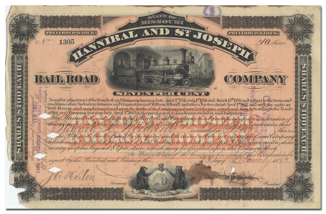 Hannibal and St. Joseph Rail Road Company Stock Certificate