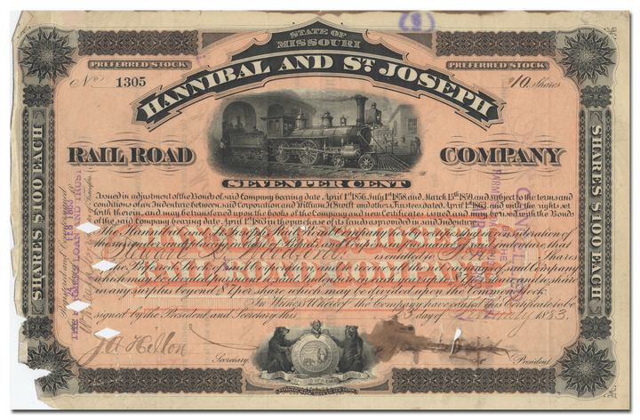 Hannibal and St. Joseph Rail Road Company Stock Certificate