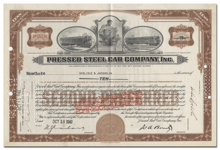 Pressed Steel Car Company, Inc. Stock Certificate