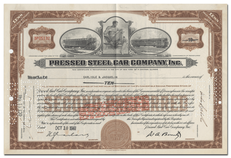 Pressed Steel Car Company, Inc. Stock Certificate