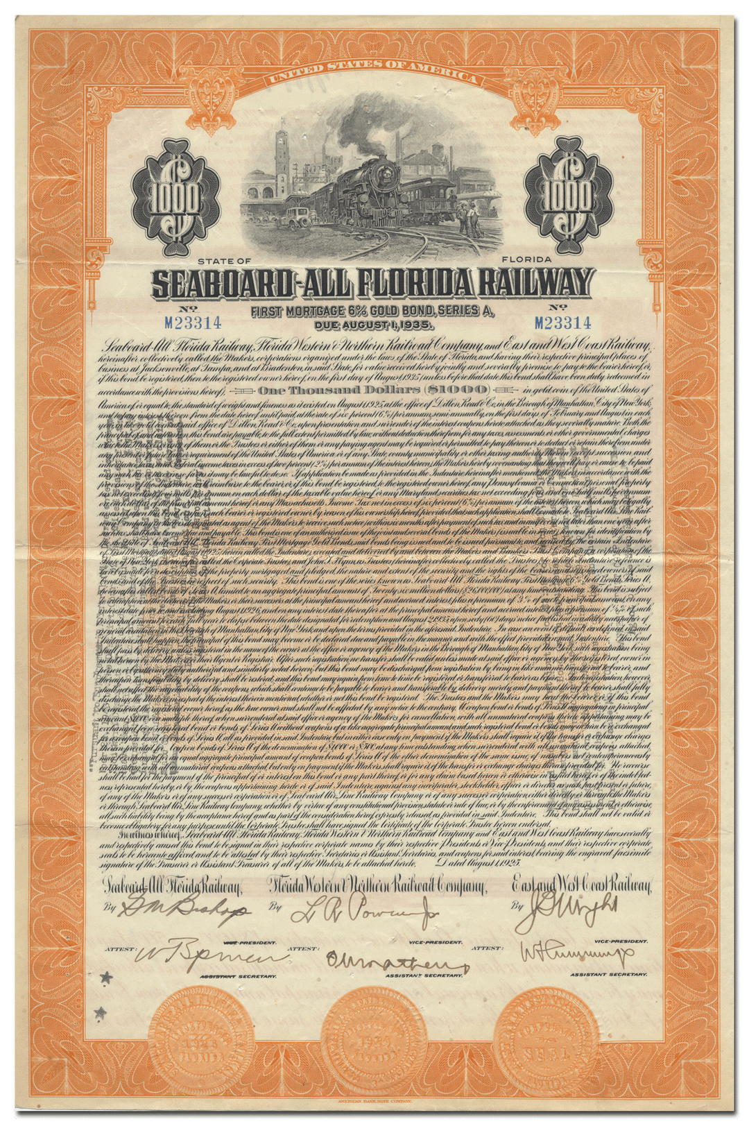 Seaboard-All Florida Railway Bond Certificate