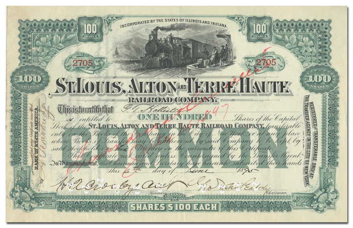 St. Louis, Alton and Terre Haute Railroad Company Stock Certificate