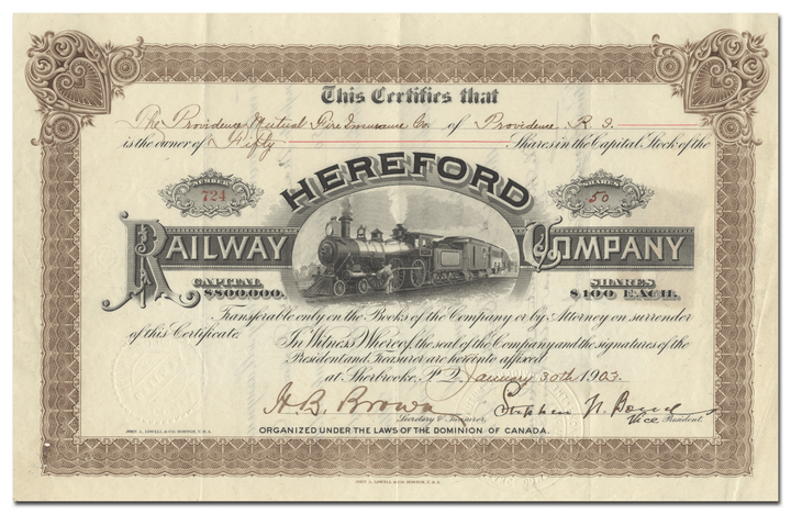 Hereford Railway Company Stock Certificate