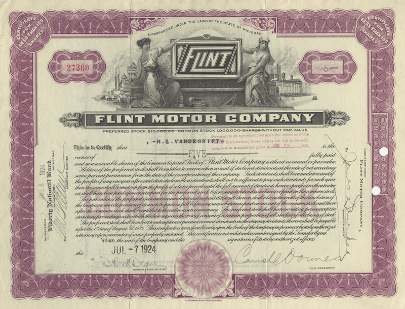 Flint Motor Company Stock Certificate