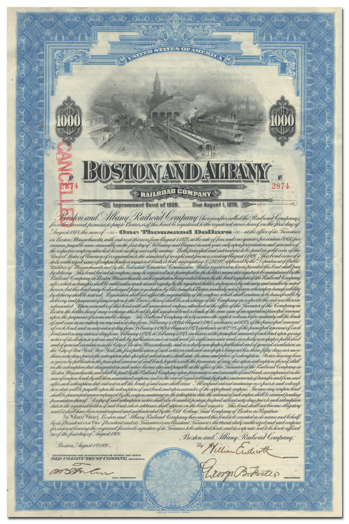 Boston and Albany Railroad Company Bond Certificate