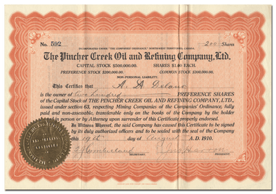Pincher Creek Oil and Refining Company, Ltd. Stock Certificate