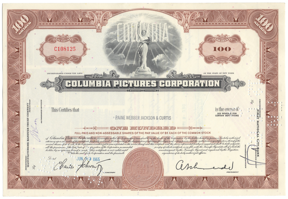 Columbia Pictures Corporation Stock Certificate