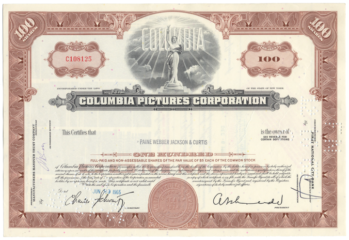 Columbia Pictures Corporation Stock Certificate