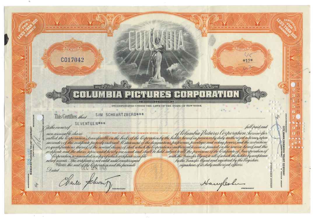 Columbia Pictures Corporation Stock Certificate