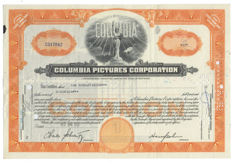 Columbia Pictures Corporation Stock Certificate