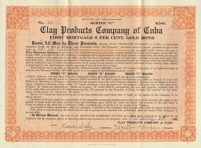 Clay Products Company of Cuba Stock Certificate
