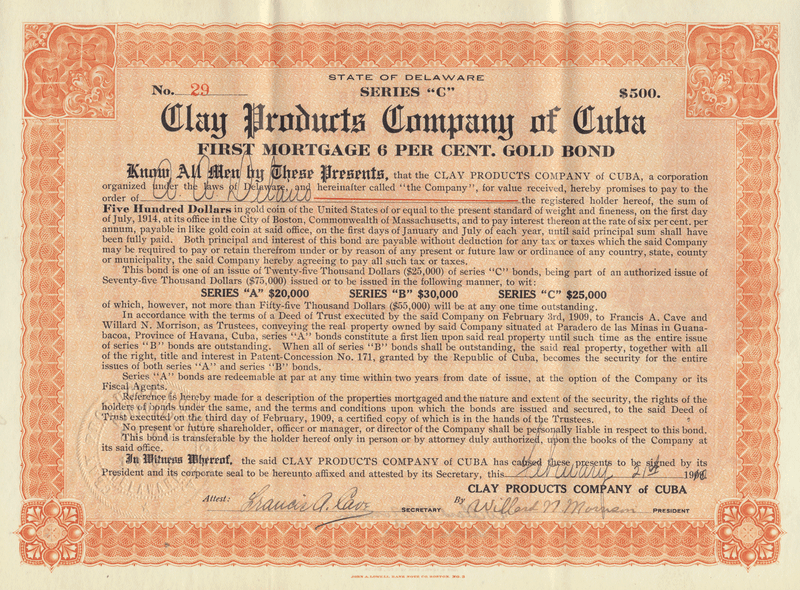 Clay Products Company of Cuba Stock Certificate