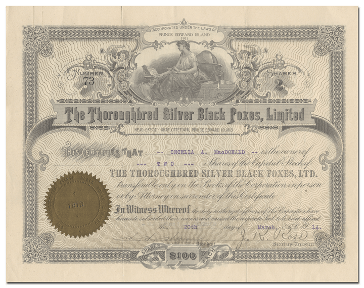 Thoroughbred Silver Black Foxes, Limited Stock Certificate