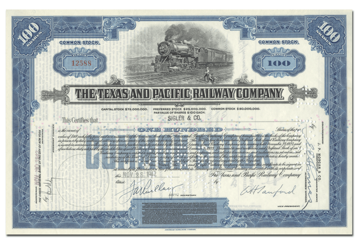 Texas and Pacific Railway Company Stock Certificate