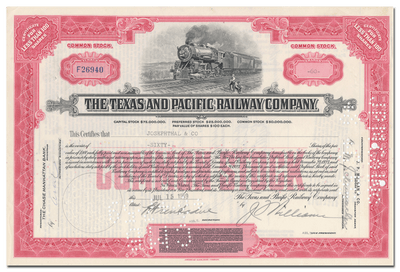 Texas and Pacific Railway Company Stock Certificate